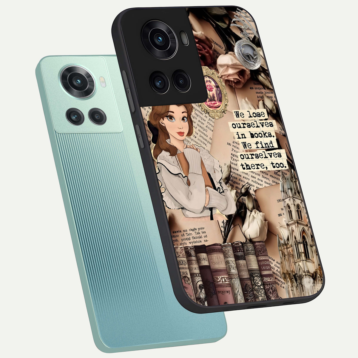  Bookish Dream World phone case For OnePlus 10R showing premium glass back cover with detailed artwork