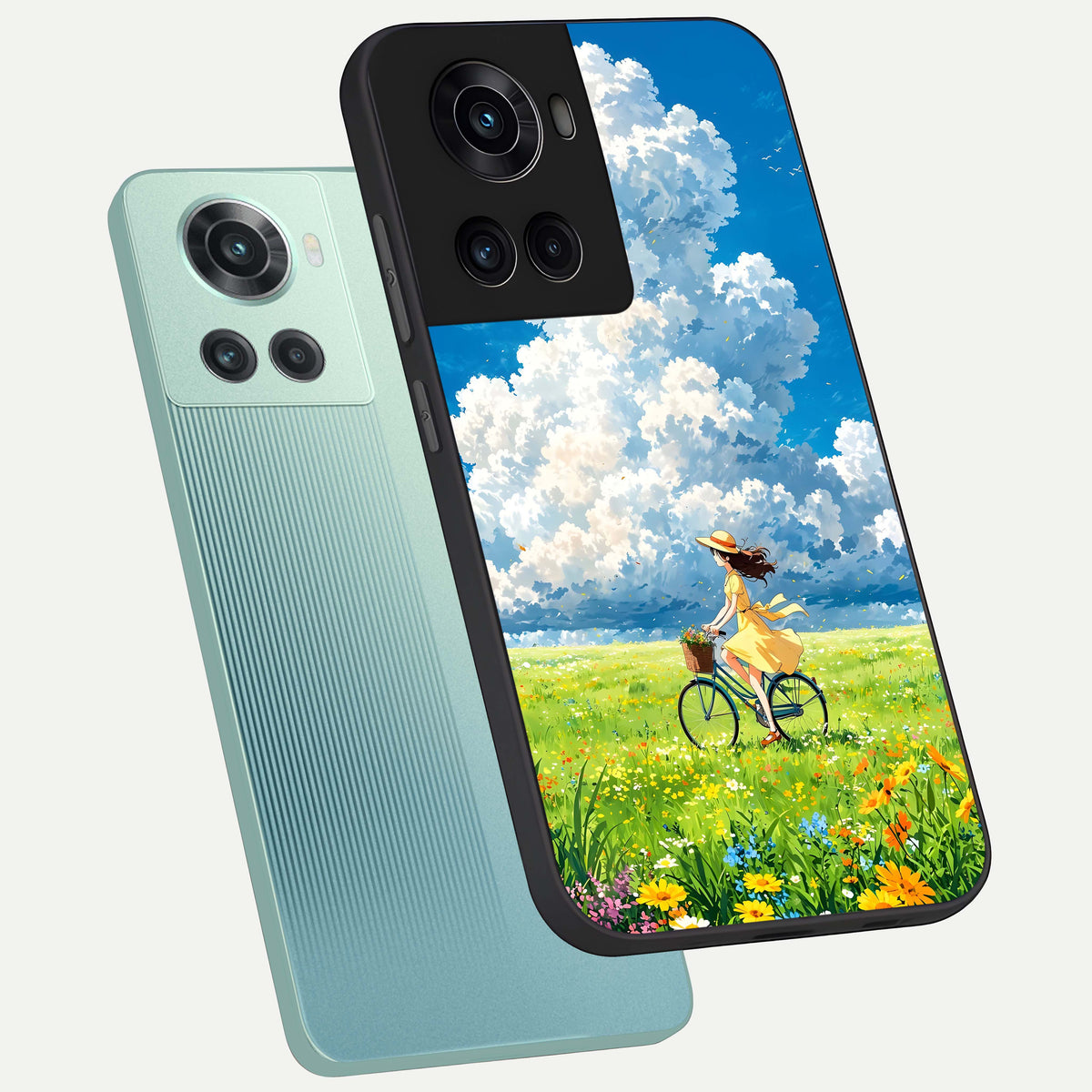  Breezy Meadow Ride phone case For OnePlus 10R showing premium glass back cover with detailed artwork