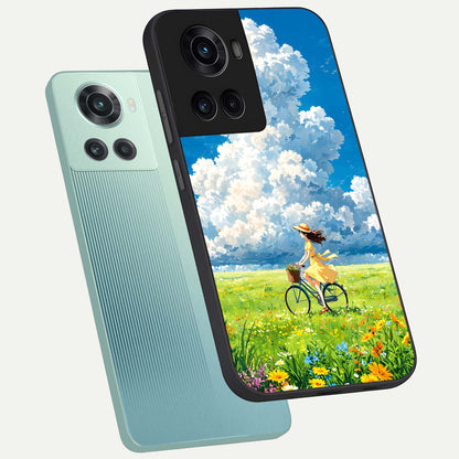 Breezy Meadow Ride phone case For OnePlus 10R showing premium glass back cover with detailed artwork