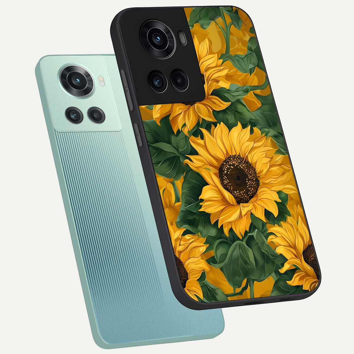  Bright Sunflower Bloom phone case For OnePlus 10R showing premium glass back cover with detailed artwork
