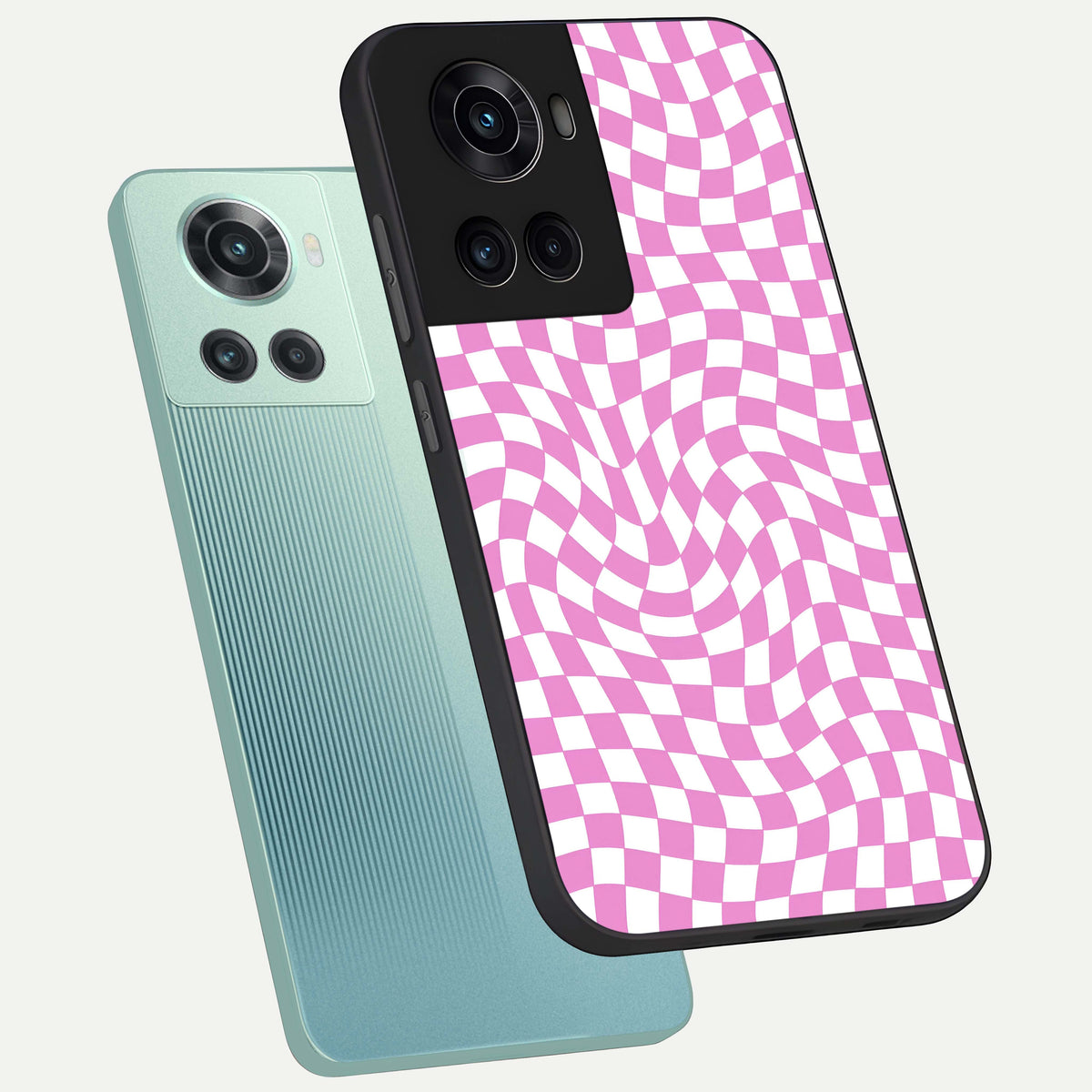  Bubblegum Check Wave phone case For OnePlus 10R showing premium glass back cover with detailed artwork