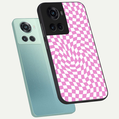  Bubblegum Check Wave phone case For OnePlus 10R showing premium glass back cover with detailed artwork