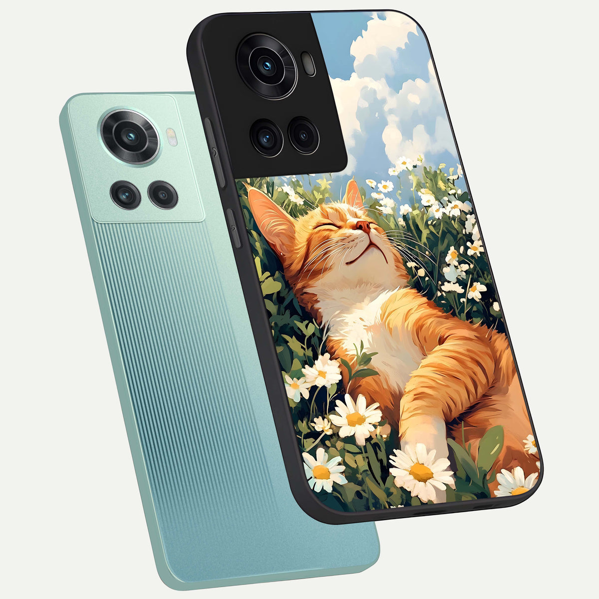  Cat And Flowers View phone case For OnePlus 10R showing premium glass back cover with detailed artwork