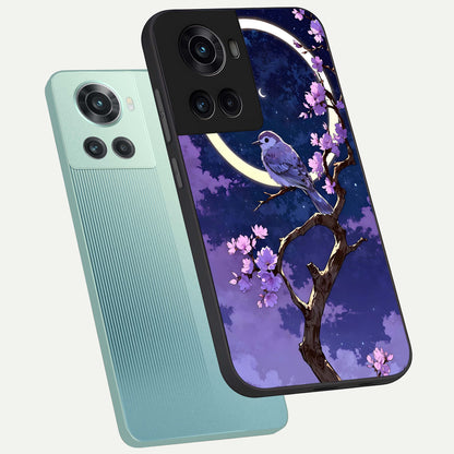  Celestial Bird Blossom phone case For OnePlus 10R showing premium glass back cover with detailed artwork