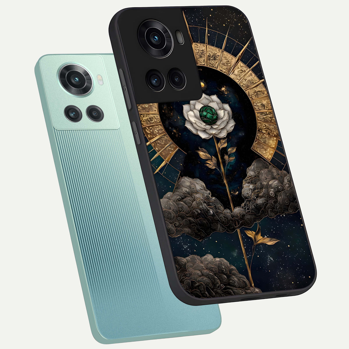  Celestial Lotus Morang phone case For OnePlus 10R showing premium glass back cover with detailed artwork