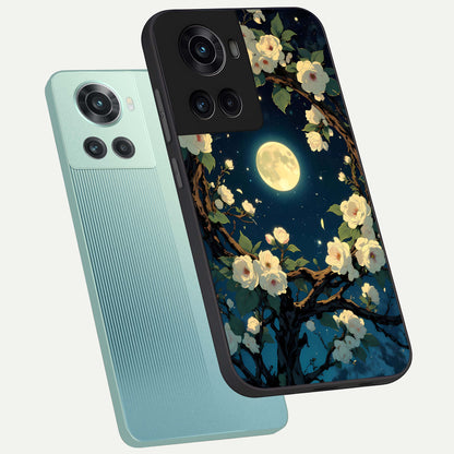  Celestial Moon And Flower phone case For OnePlus 10R showing premium glass back cover with detailed artwork