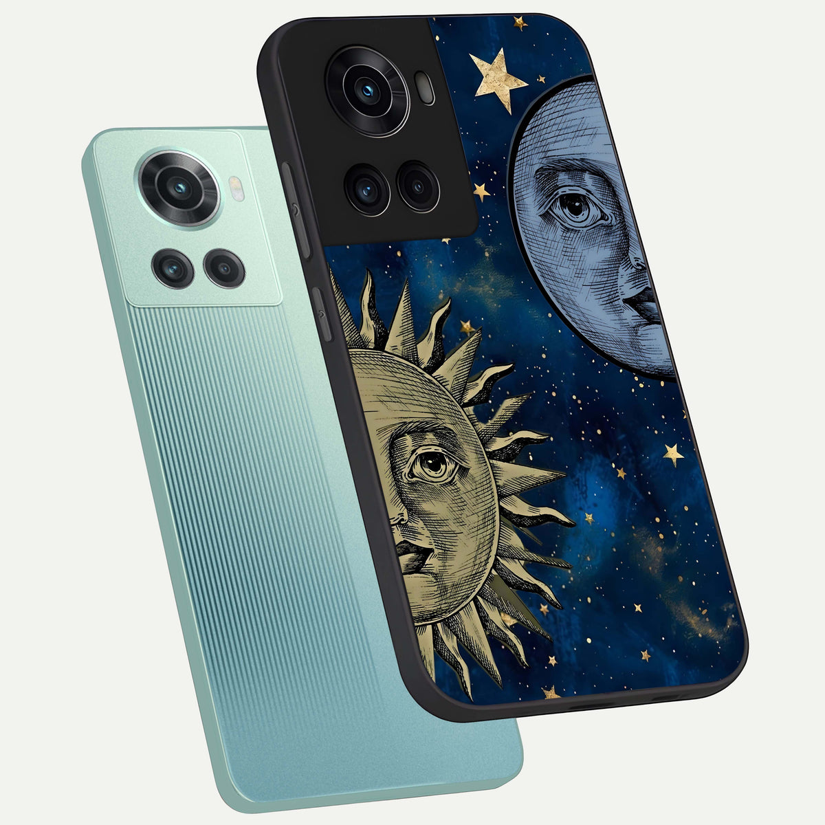  Celestial Moon With Sun phone case For OnePlus 10R showing premium glass back cover with detailed artwork