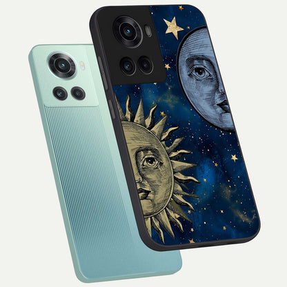  Celestial Moon With Sun phone case For OnePlus 10R showing premium glass back cover with detailed artwork