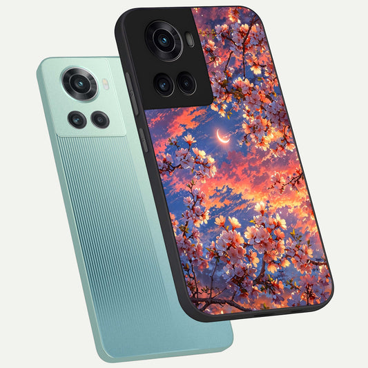  Celestial Sakura Sunset phone case For OnePlus 10R showing premium glass back cover with detailed artwork