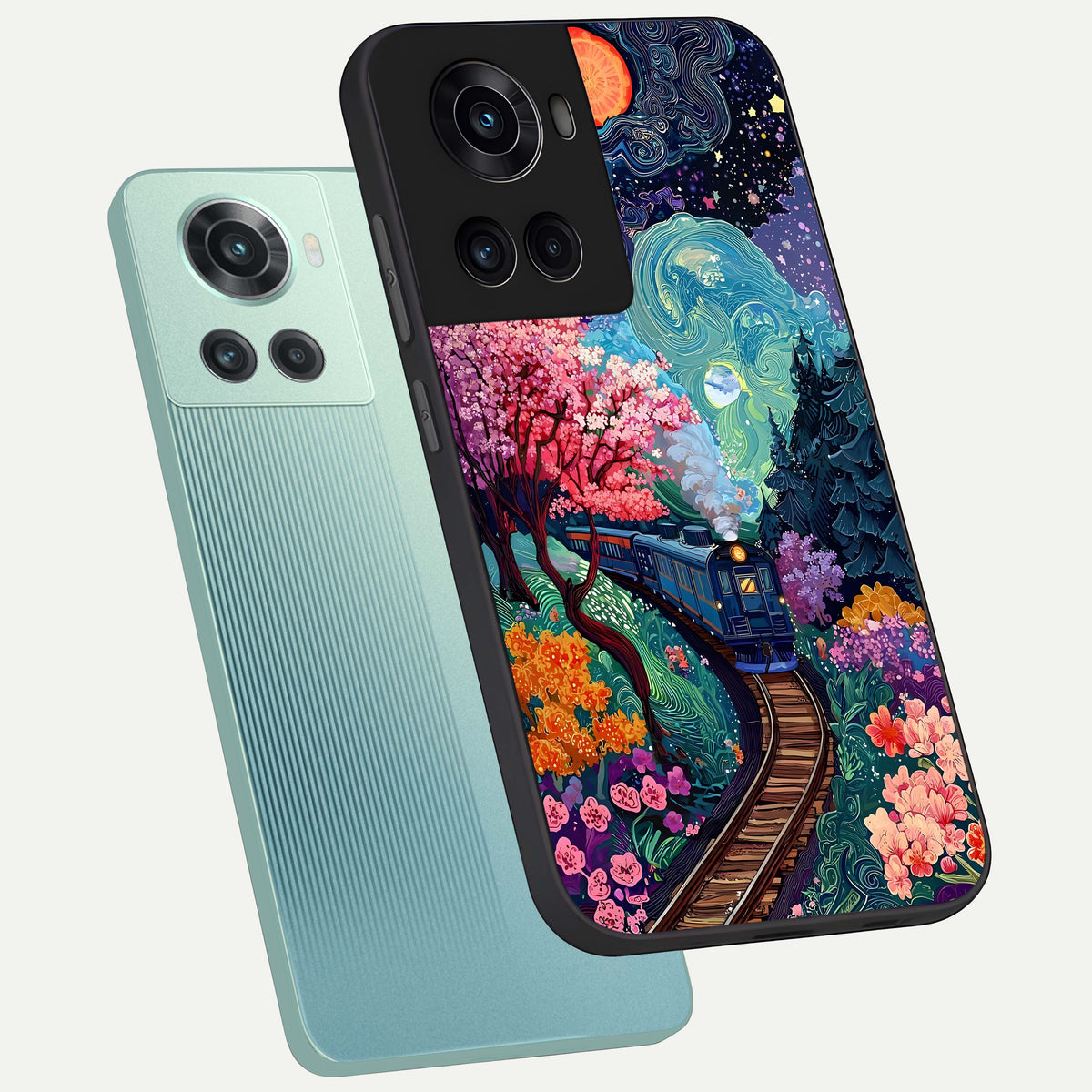  Celestial Train Journey phone case For OnePlus 10R showing premium glass back cover with detailed artwork