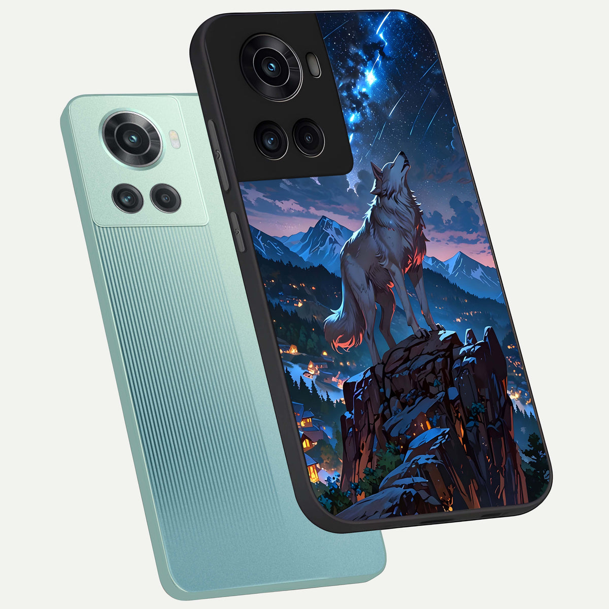  Celestial Wolf Howl phone case For OnePlus 10R showing premium glass back cover with detailed artwork