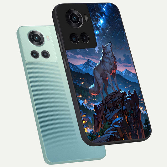  Celestial Wolf Howl phone case For OnePlus 10R showing premium glass back cover with detailed artwork