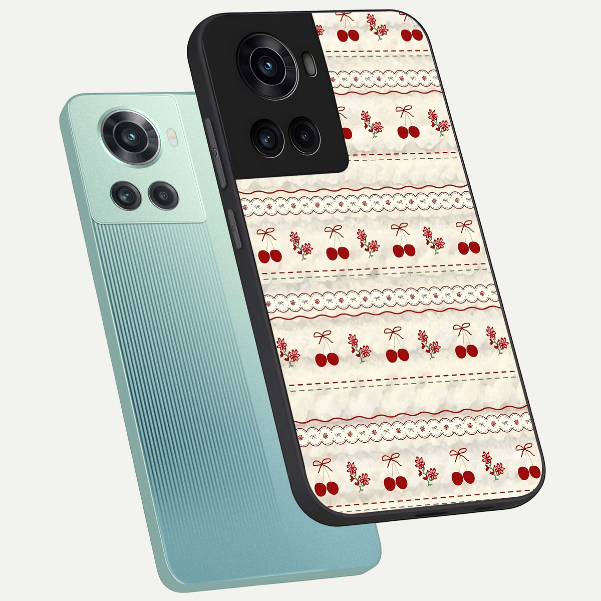  Cherry Bloom Charm phone case For OnePlus 10R showing premium glass back cover with detailed artwork