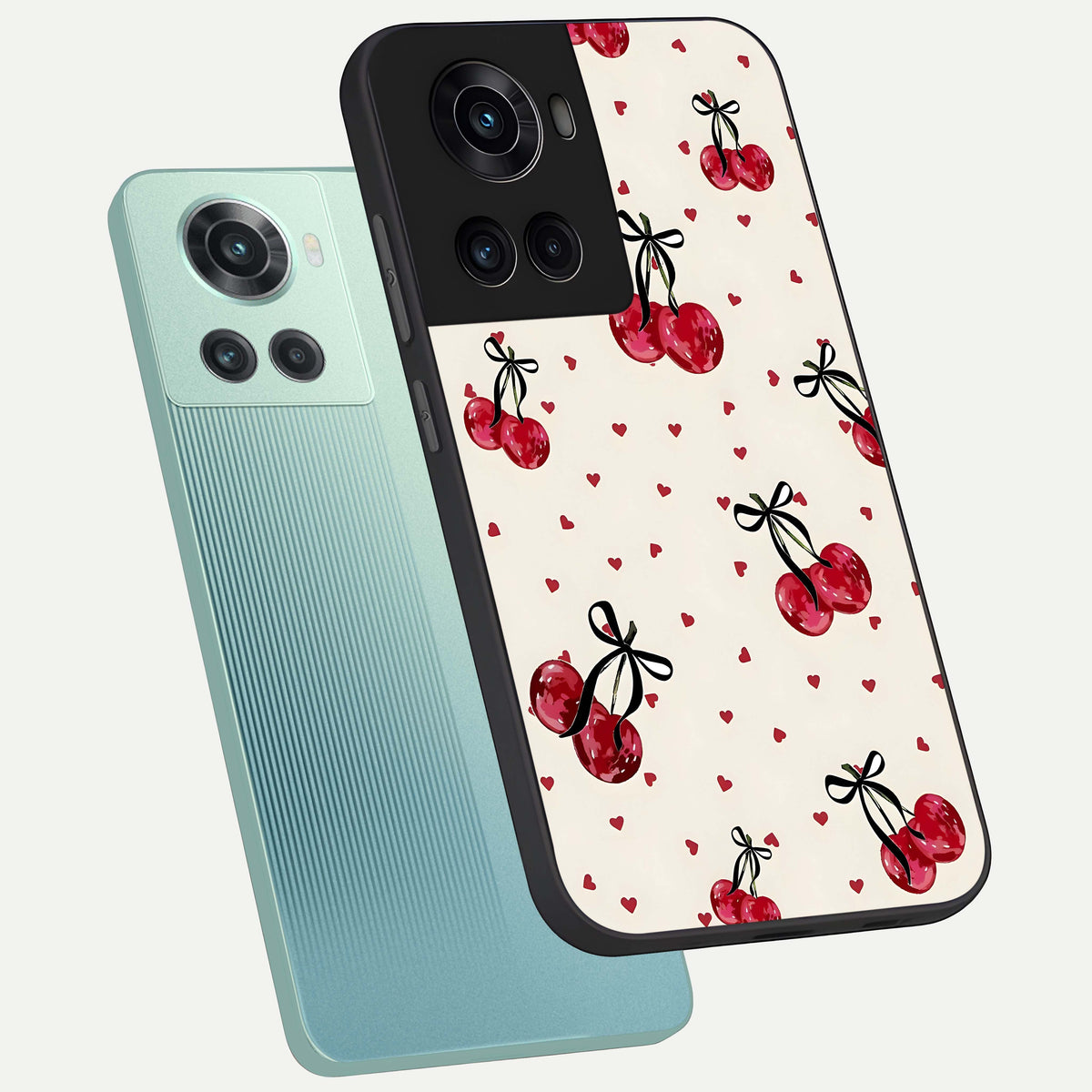  Cherry Heart Bow phone case For OnePlus 10R showing premium glass back cover with detailed artwork