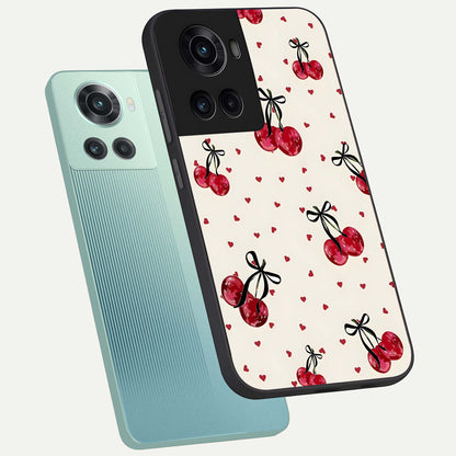  Cherry Heart Bow phone case For OnePlus 10R showing premium glass back cover with detailed artwork