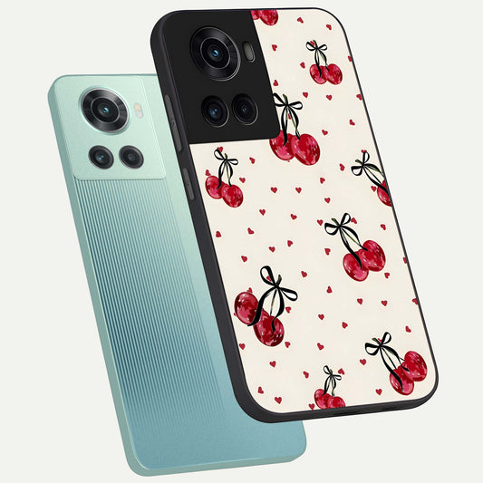  Cherry Heart Bow phone case For OnePlus 10R showing premium glass back cover with detailed artwork
