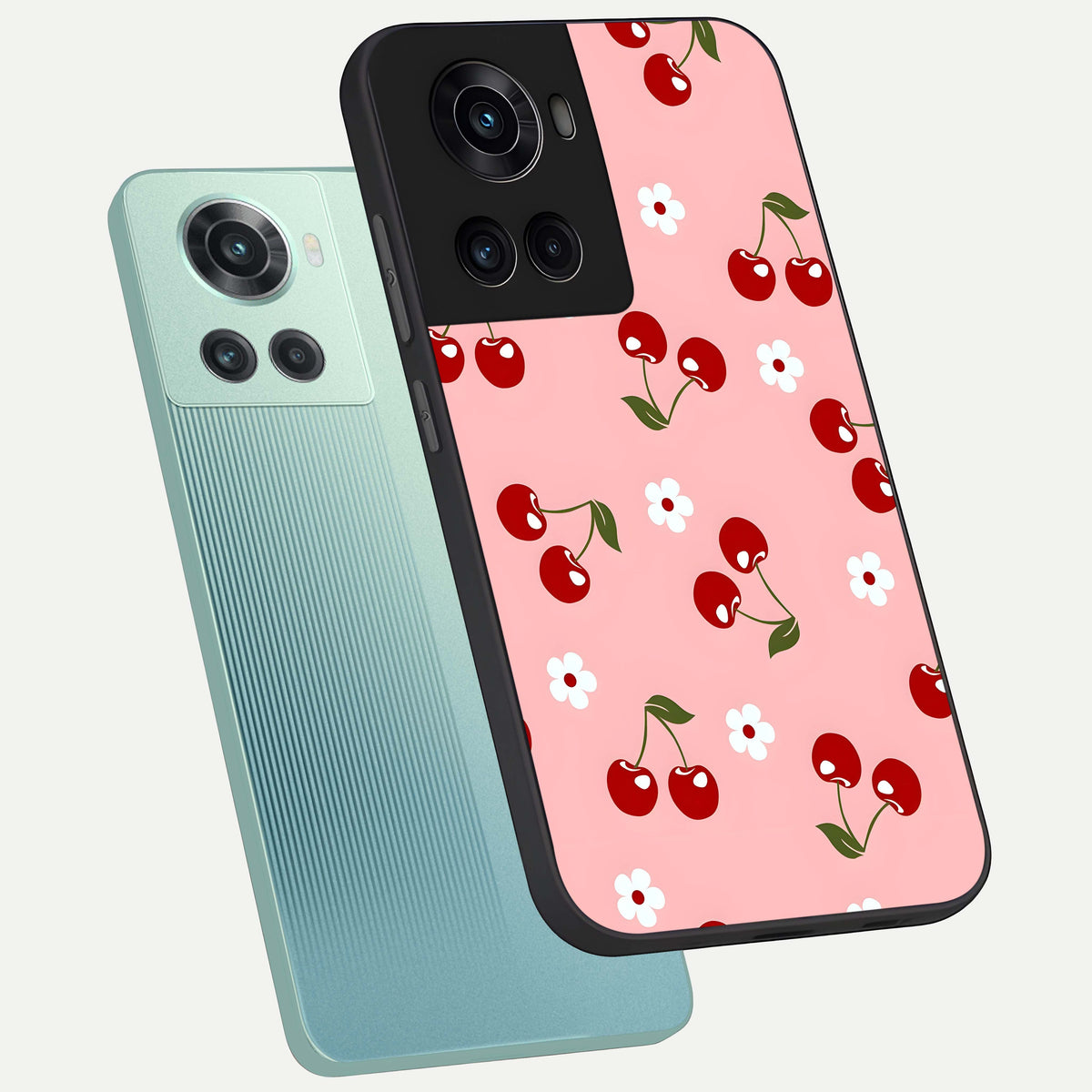 Cherry Love Mood phone case For OnePlus 10R showing premium glass back cover with detailed artwork
