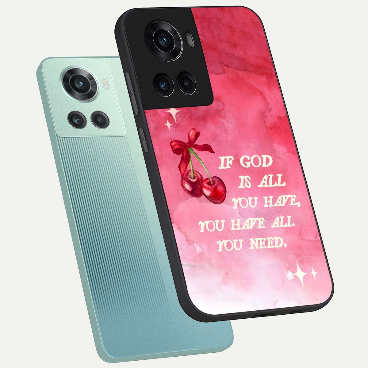  Cherry Quote phone case For OnePlus 10R showing premium glass back cover with detailed artwork
