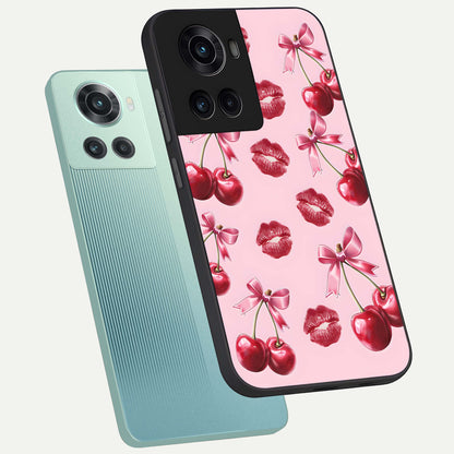  Cherry With Lips phone case For OnePlus 10R showing premium glass back cover with detailed artwork