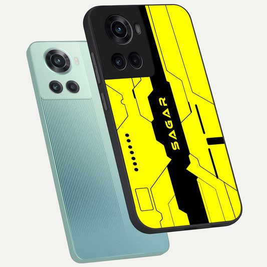  Circuit CYBERPUNK Custom Name phone case For OnePlus 10R showing premium glass back cover with detailed artwork