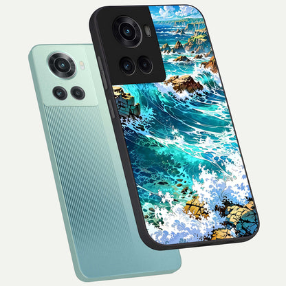  Coastal Blue Waves phone case For OnePlus 10R showing premium glass back cover with detailed artwork