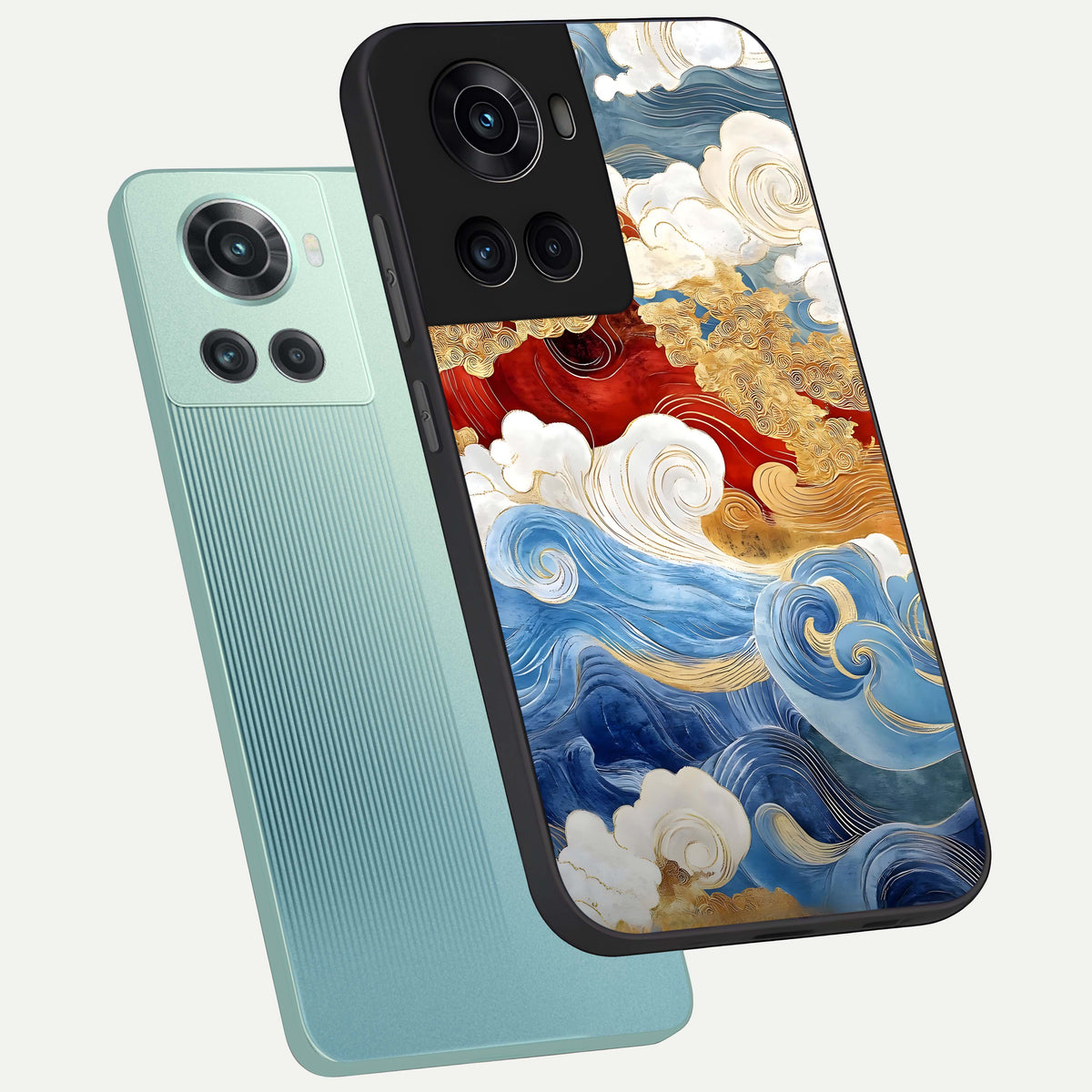  Colored Waves phone case For OnePlus 10R showing premium glass back cover with detailed artwork