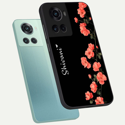  Crimson Bloom Grace Custom Name phone case For OnePlus 10R showing premium glass back cover with detailed artwork