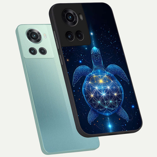  Crimson Blue Turtle phone case For OnePlus 10R showing premium glass back cover with detailed artwork