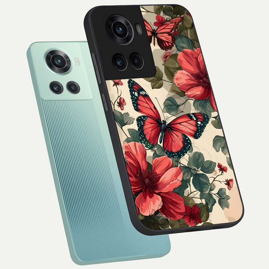  Crimson Butterfly Garden phone case For OnePlus 10R showing premium glass back cover with detailed artwork