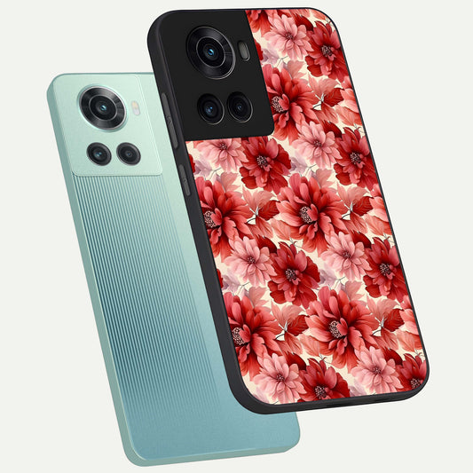 Crimson Love Petals phone case For OnePlus 10R showing premium glass back cover with detailed artwork