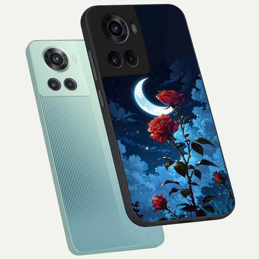  Crimson Rose Moon phone case For OnePlus 10R showing premium glass back cover with detailed artwork