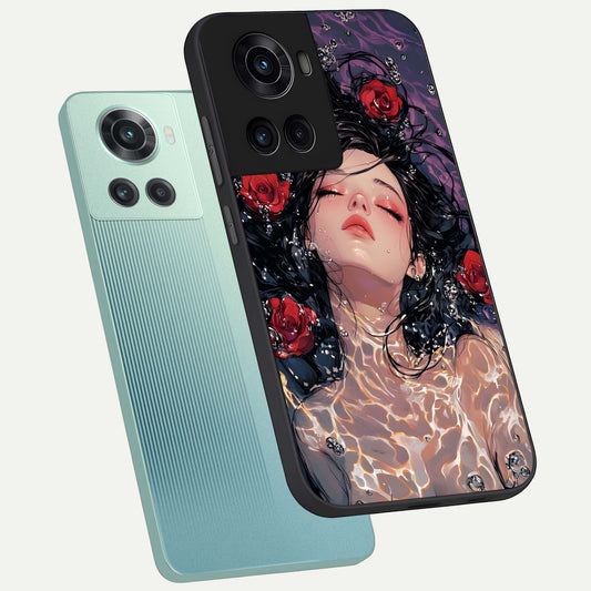  Crimson Rose Serenity phone case For OnePlus 10R showing premium glass back cover with detailed artwork
