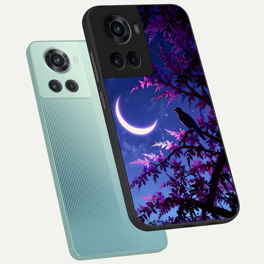  Crow And Moon Scenery phone case For OnePlus 10R showing premium glass back cover with detailed artwork