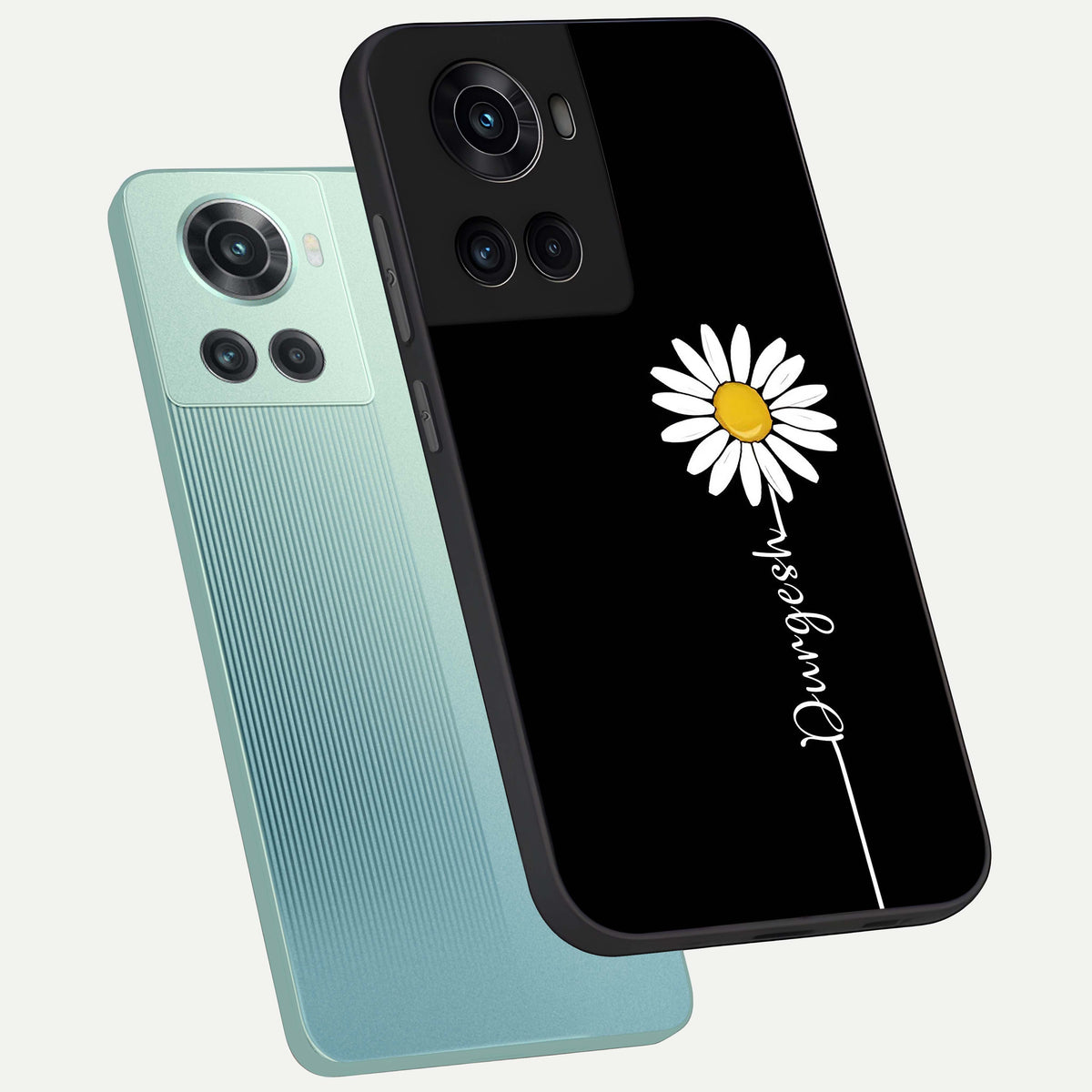  Custom Name White Flower phone case For OnePlus 10R showing premium glass back cover with detailed artwork