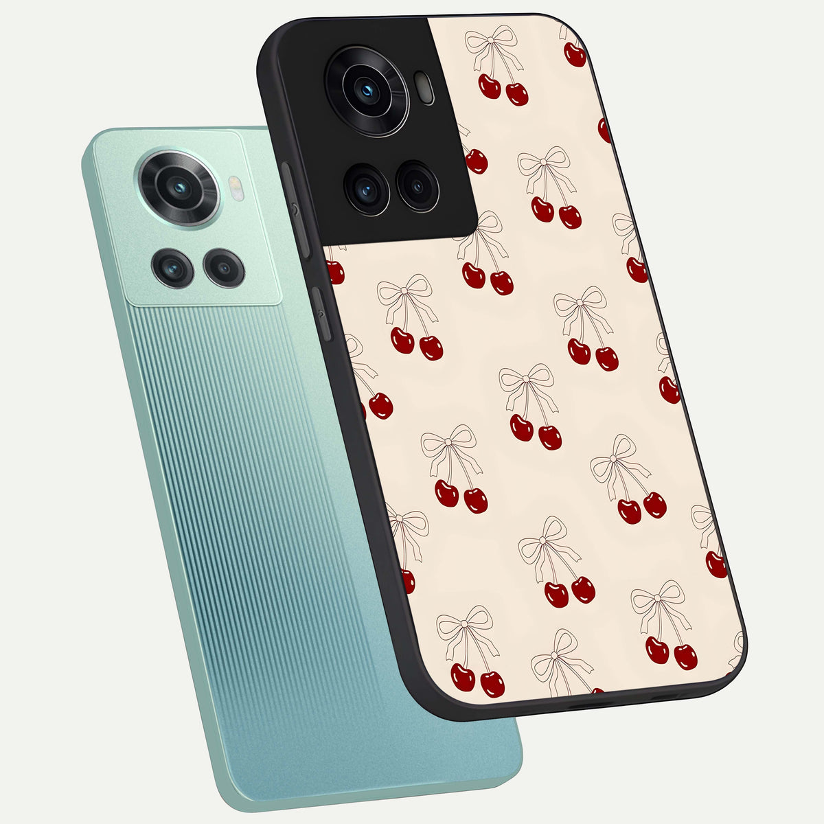  Cute Cherry Pattern phone case For OnePlus 10R showing premium glass back cover with detailed artwork