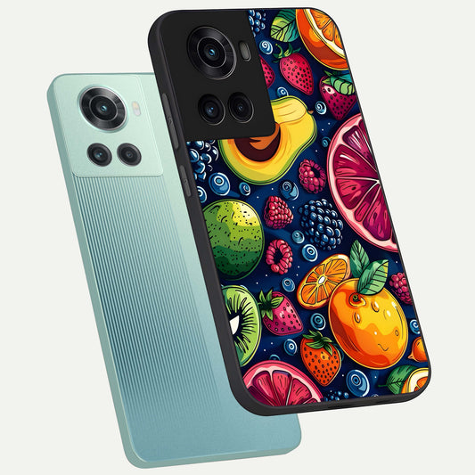  Cute Fruits Art phone case For OnePlus 10R showing premium glass back cover with detailed artwork