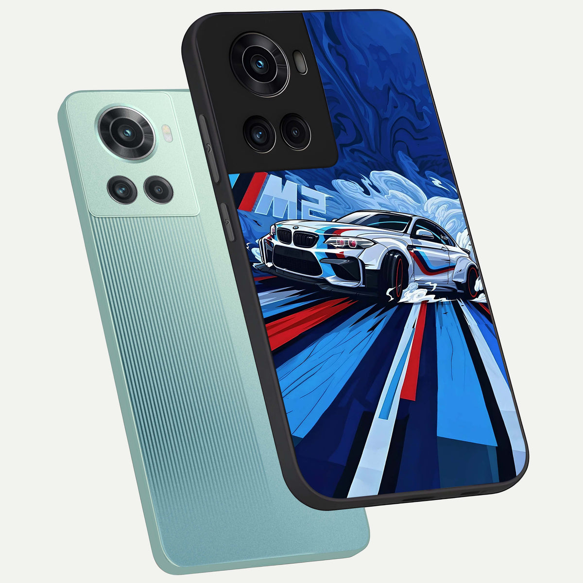  Drift Power Rush phone case For OnePlus 10R showing premium glass back cover with detailed artwork
