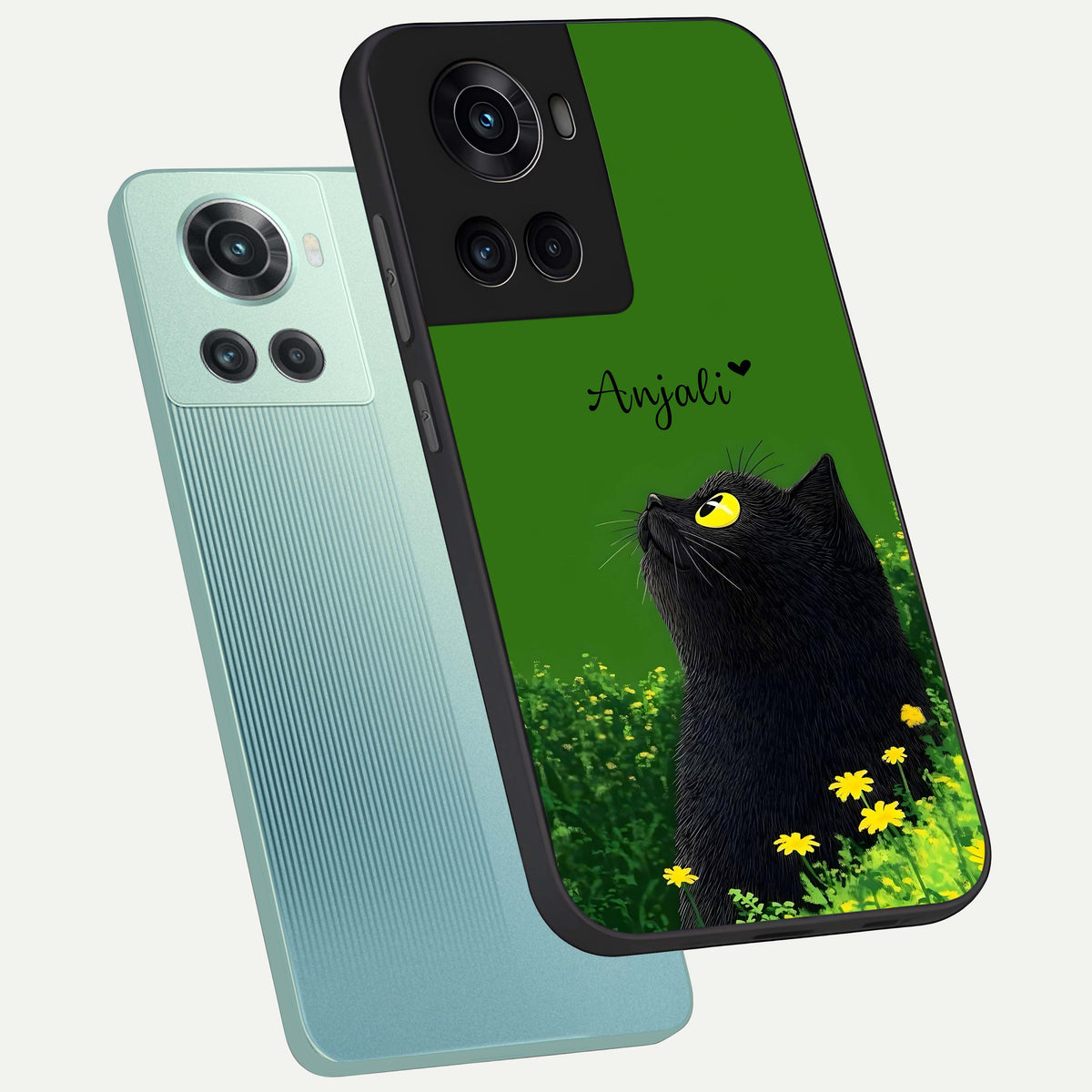  Emerald Cat Custom Name phone case For OnePlus 10R showing premium glass back cover with detailed artwork
