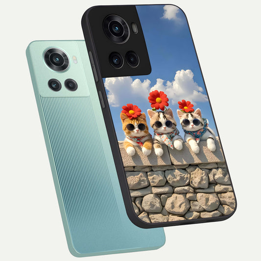  Floral Kitty Squad phone case For OnePlus 10R showing premium glass back cover with detailed artwork