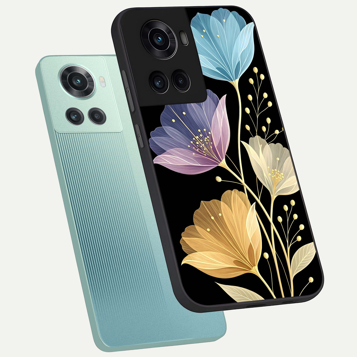  Flower Bloom Glow phone case For OnePlus 10R showing premium glass back cover with detailed artwork