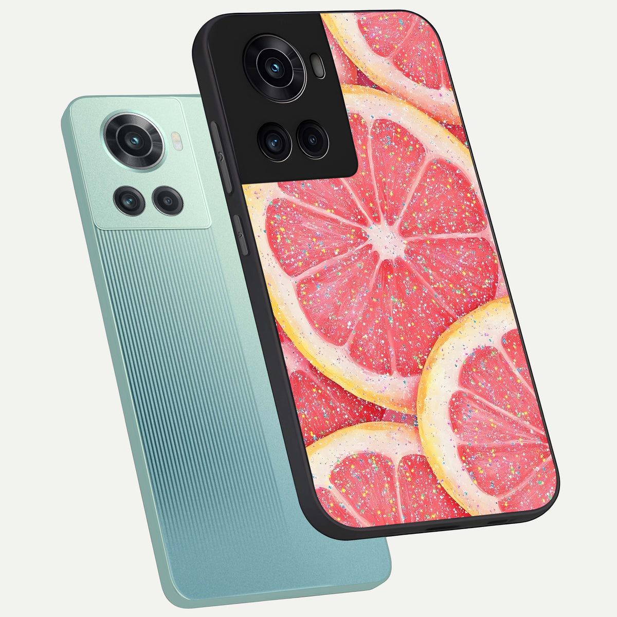 Glitter Grapefruit phone case For OnePlus 10R showing premium glass back cover with detailed artwork