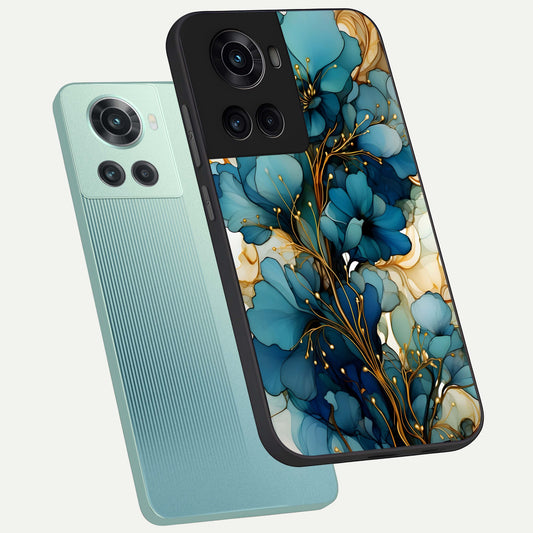 Golden Bloom Symphony phone case For OnePlus 10R showing premium glass back cover with detailed artwork