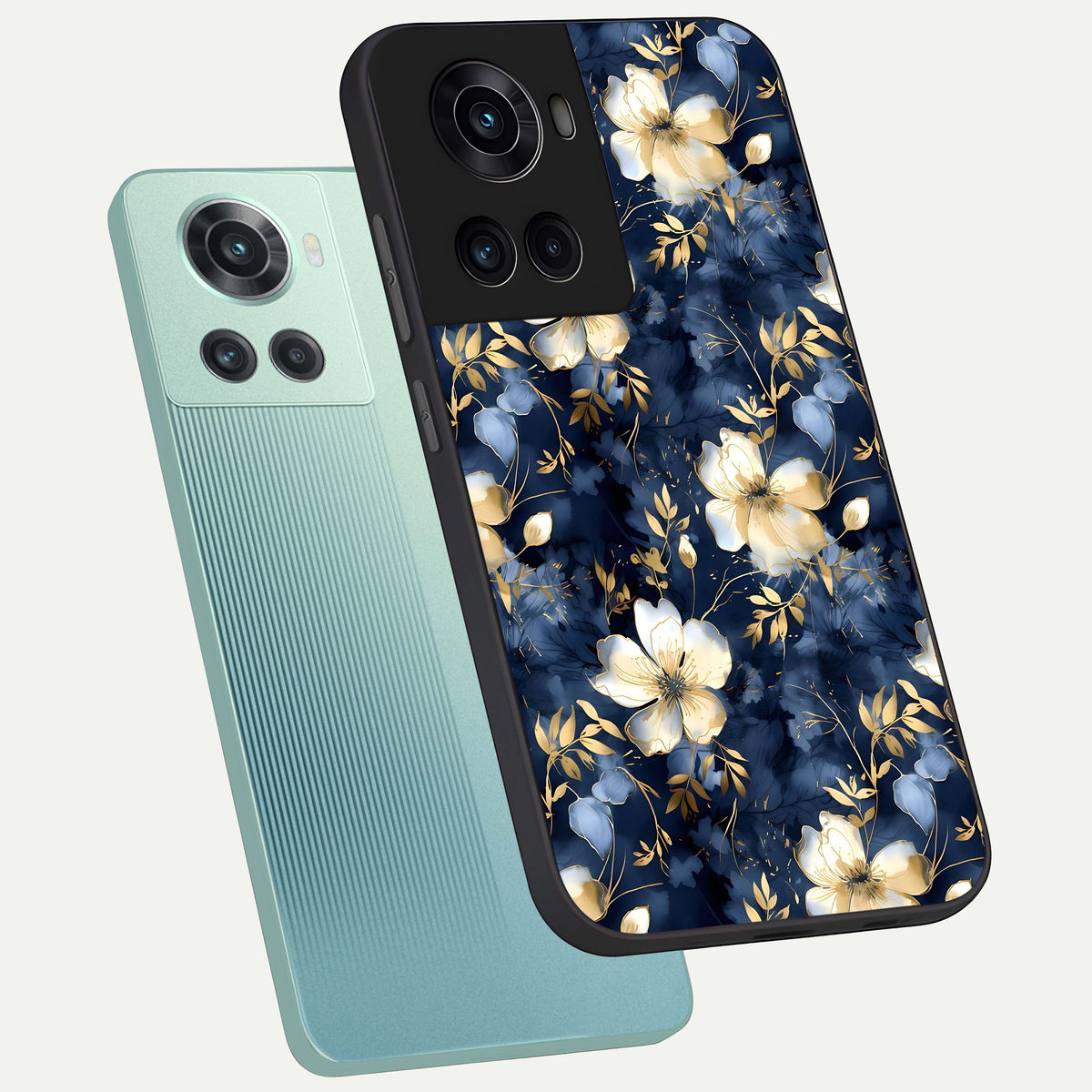  Golden Midnight Bloom phone case For OnePlus 10R showing premium glass back cover with detailed artwork
