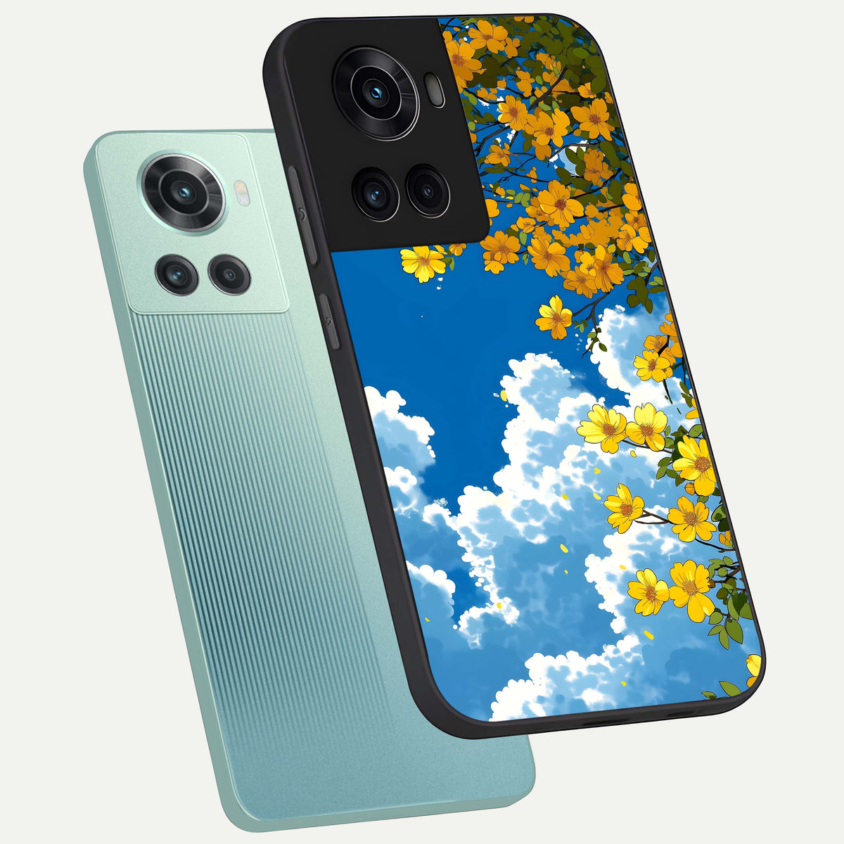  Golden Petal Sky phone case For OnePlus 10R showing premium glass back cover with detailed artwork