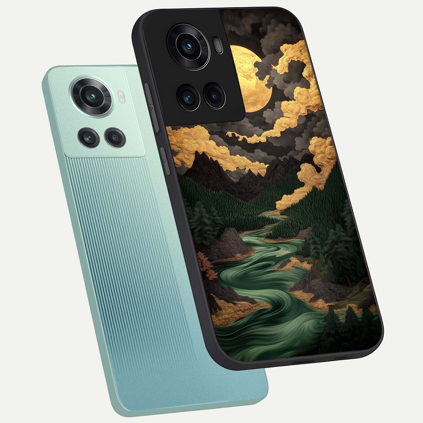 Golden River Moon Glass Case displayed upright for serene scenic visibility and premium finish.