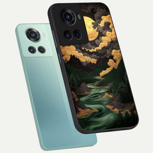  Golden River Moon phone case For OnePlus 10R showing premium glass back cover with detailed artwork