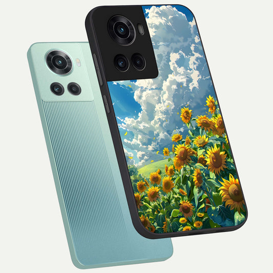  Golden Sun Glory phone case For OnePlus 10R showing premium glass back cover with detailed artwork