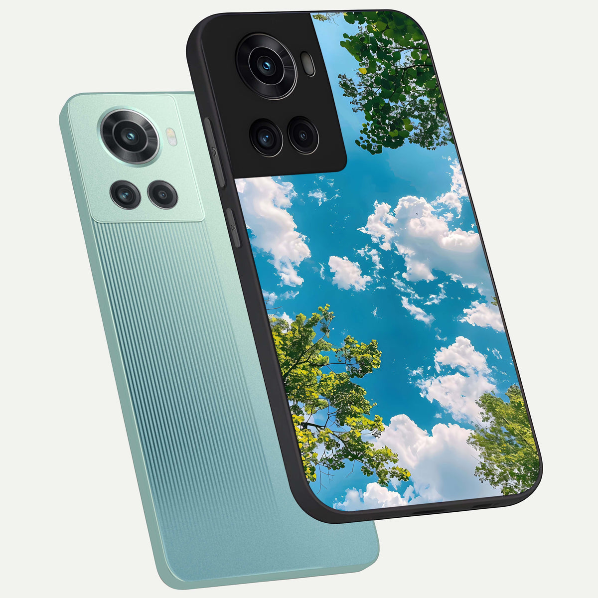  Green Moon Energy phone case For OnePlus 10R showing premium glass back cover with detailed artwork