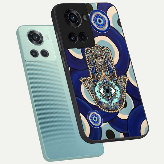  Hamsa Divine Guard phone case For OnePlus 10R showing premium glass back cover with detailed artwork