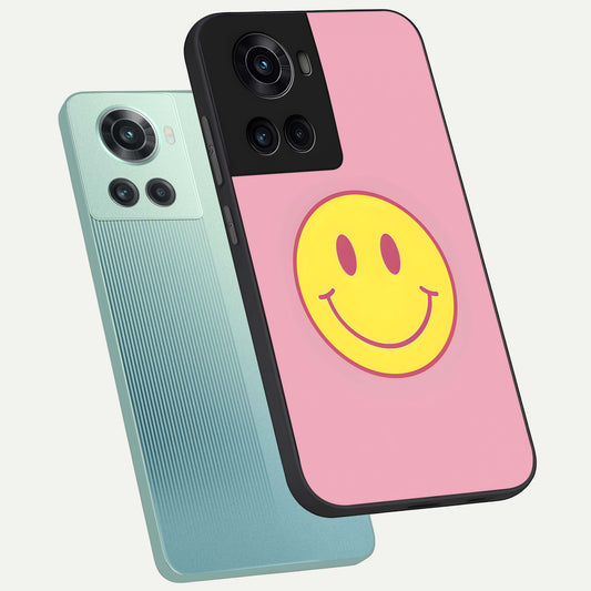  Happy Pink Mood phone case For OnePlus 10R showing premium glass back cover with detailed artwork